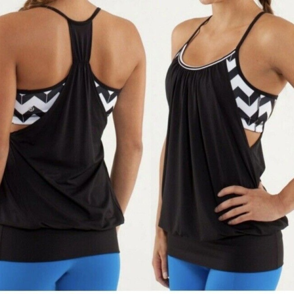 EUC Lululemon No Limits Tank Top Size 4 Black/Arrow Chevron White Black Yoga